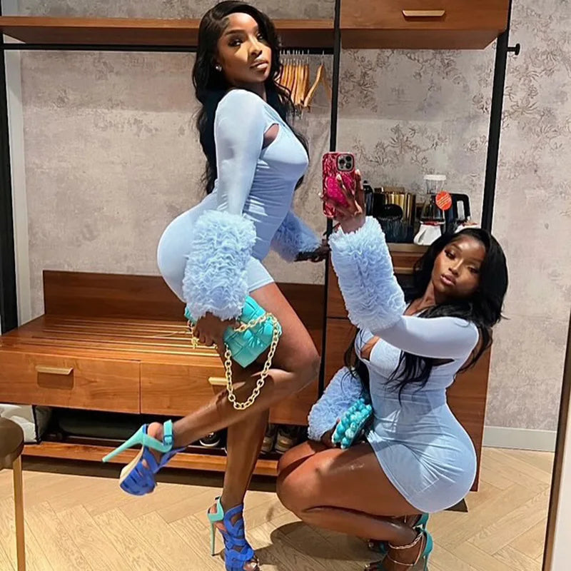 2025 Autumn Furry Patchwork Dress Women See Through Full Sleeve Sexy Hollow Cross Elegant Luxury Banquet Birthday Party Clubwear Badiee Stylez