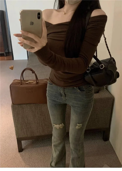 Elegant Off-Shoulder Long Sleeve Knitted Top For Women 2023 Autumn Slimming Smooth Base Layer T-Shirt Polyester Fiber Full Sleev