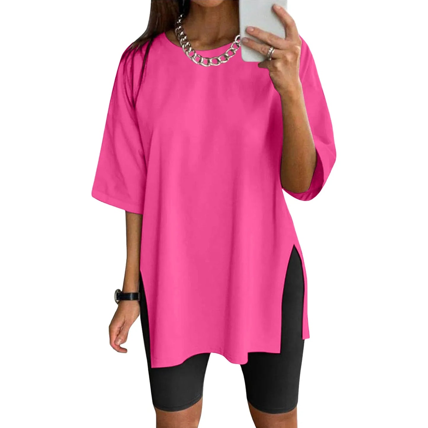 Extra Long Tops Women Oversize Sports Short Sleeve Blouses Summer Loose Tops Crew Neck Solid Large Size Side Split Pullover Hot Pink