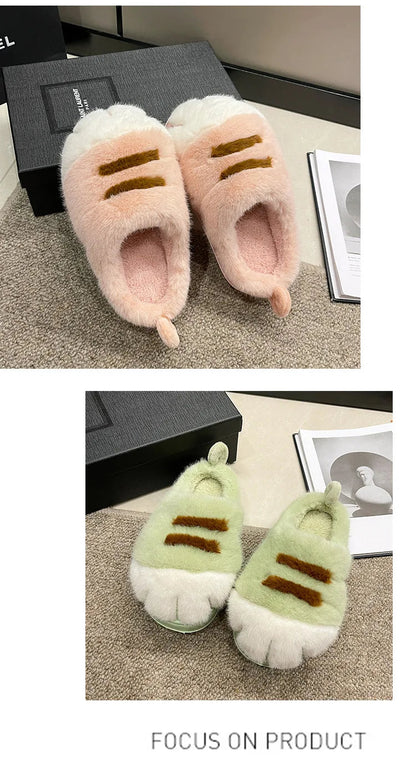 New Adorable Kitty Claw Slippers Women's Home Shoes Non Slip Furry Mules Female Fashion Warm Fluffy Slides Outdoor Cat Slippers Badiee Stylez