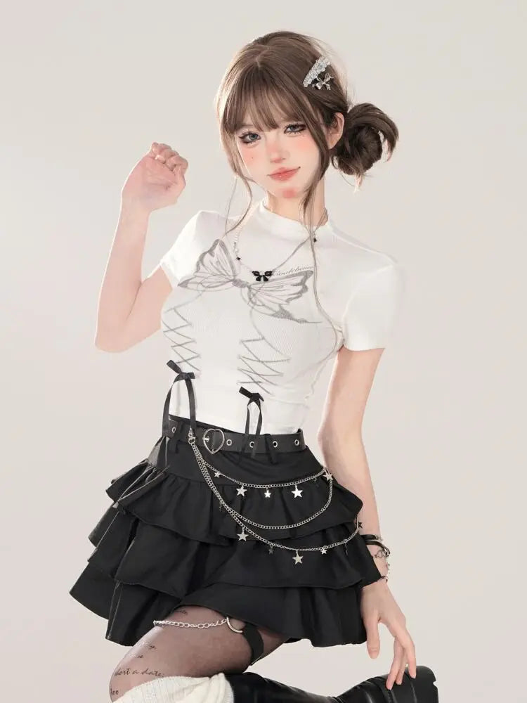 Women Black Gothic A-line Cake Skirt Vintage Y2k Skirt Aesthetic Harajuku Korean Elegant Kawaii Emo Skirts 2000s Trashy Clothes