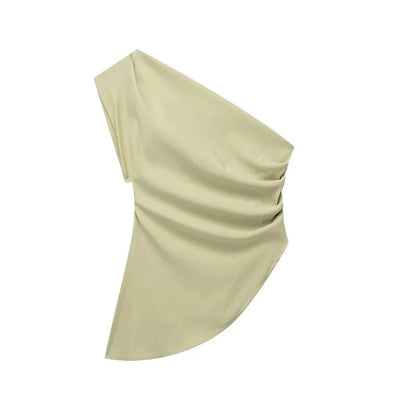 Asymmetric T-shirt New Women's Fashion Trend Spicy Girl Celebrity Temperament Off Shoulder Top green