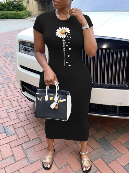 Summer black sexy dress women's classic QUEEN print casual slim fit short sleeved round neck T-shirt and nude long skirt