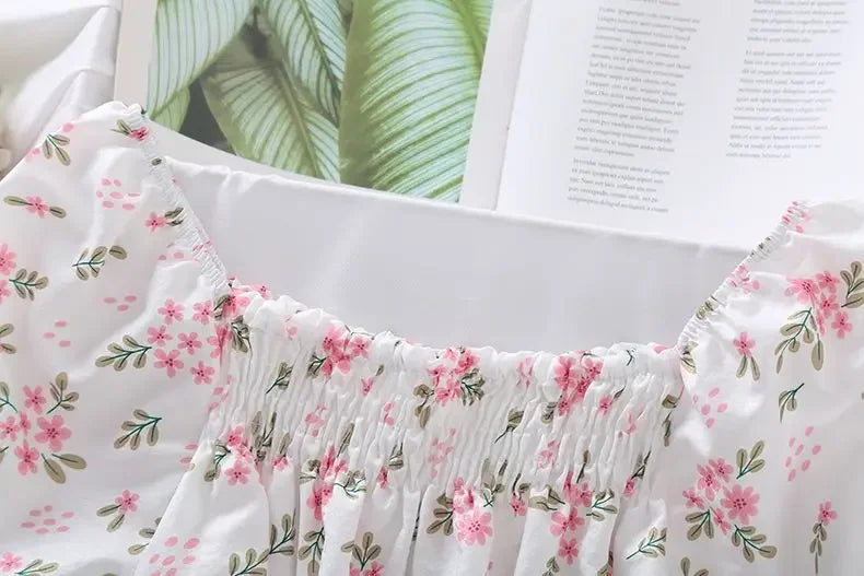 Sweet Broken Flower Slash Neck Women Blouse Agaric Edge Pleat Design Slim Elastic Waist Cropped Top Cute Chiffon T-shirt Summer