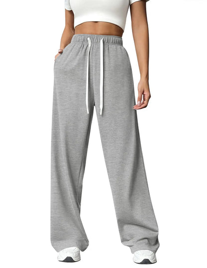 Casual Wide Leg Sports Pants for Women Casual Straight Leg Loose Solid Color Elastic Drawstring High Waisted Wide Leg Pants Light grey