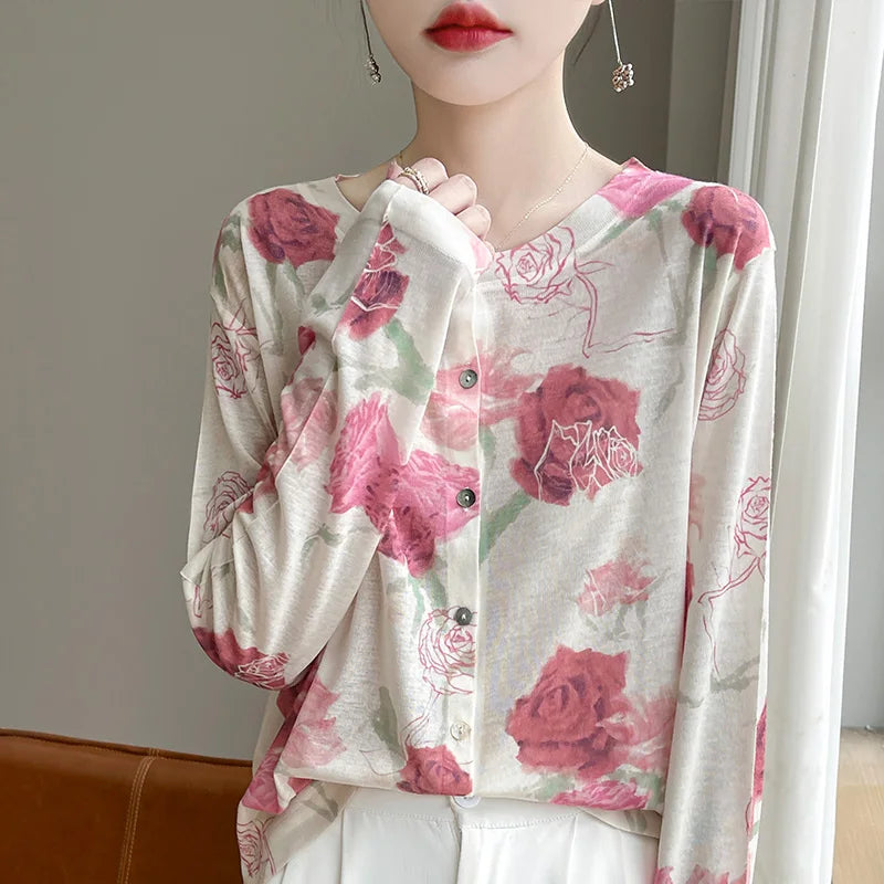 Spring And Summer New Lyocell Water-Soluble Wool Blended Round Neck Knit Cardigan Long Sleeve Feminine Sweater Printed Top 5 CHINA