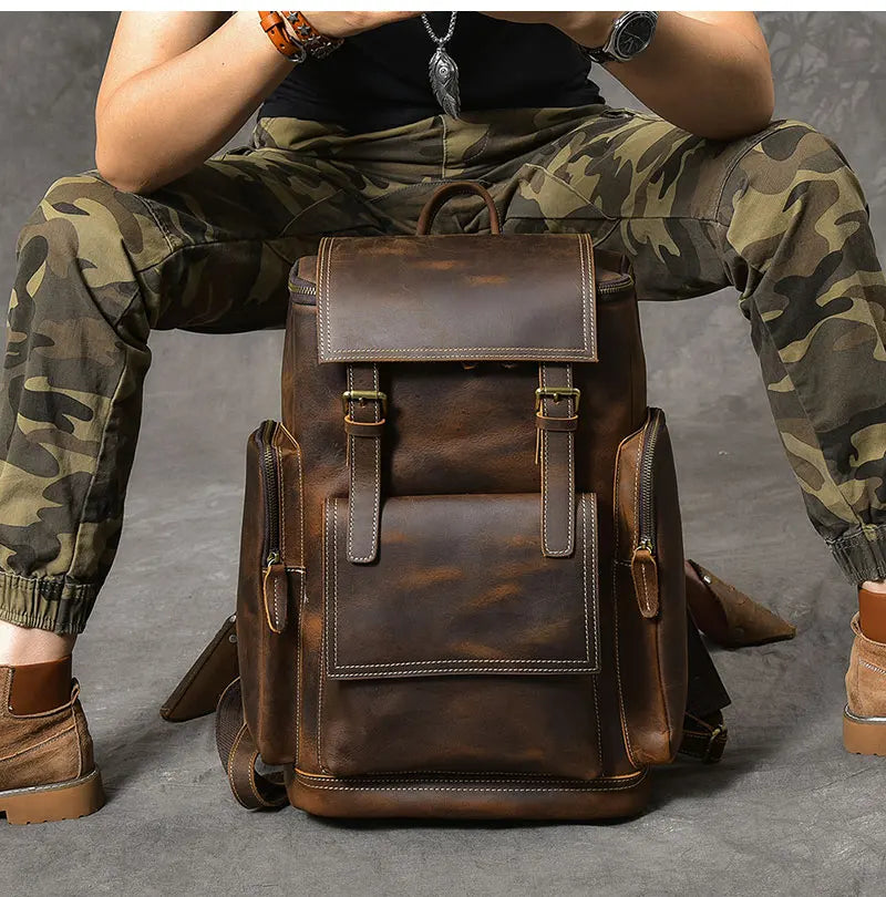 Vintage Crazy Horse Genuine Leather Backpack Men Leather Bagpack Climbing Rucksack male Large Hiking Backpack M814