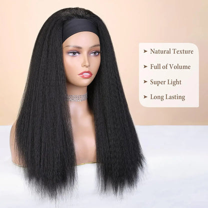 Kinky Straight Headband Synthetic Wig for Women Yaki Straight Wigs with Black Headband Hair Easy to Style No Lace Front No Glue