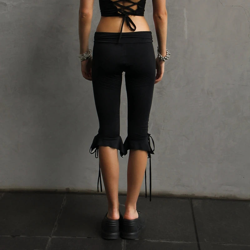 Vintage Tie-up Ruffles Hem Short Pants Y2k Knee Length Capri Trousers Women Folds Low Waist Skinny Pants Fashion High Street Badiee Stylez