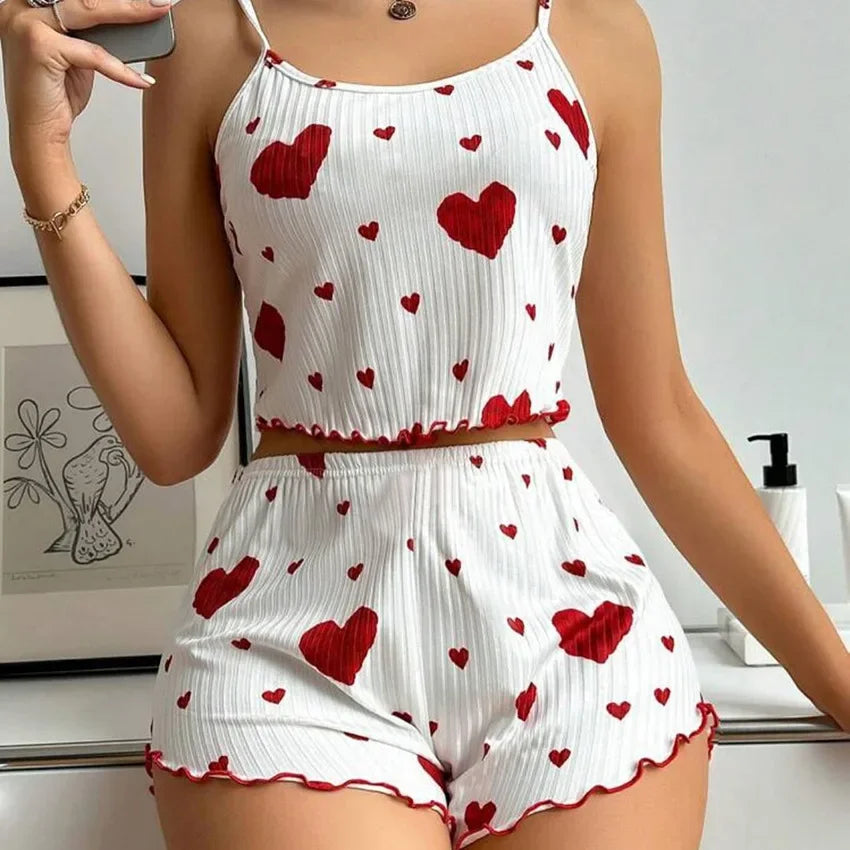 Women's Pajamas Set Sleepwear 2 PCS Short Tank Tops And Shorts S M L White Ventilate Soft Casual Love Printing white-red