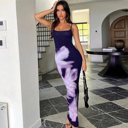 Summer Women's Dresses New Fashion Print Sleeveless Backless Bodycon Sexy Maxi Dresses Casual Streetwear Club Elegant Lady Dress Purple