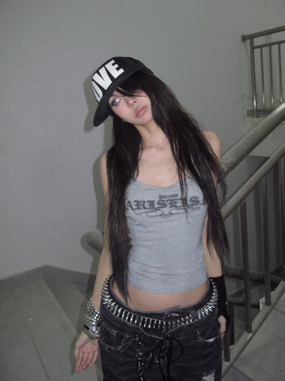 Karrcat Trashy 2000s Letter Print Tank Top Japanese Y2k Gray Camis Tops Grunge Aesthetics Sleeveless Crop Tops American Retro