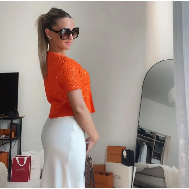 Fashion Bright Silk Knitted Vest For Women Elegant sleeveless U Neck Chic Cropped Tank Tops female Y2K Street Evening Partywear