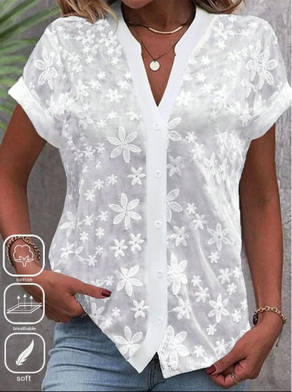 Cropped Shirt White Lace Blouse Eyelet Cut Embroidery Top Wear Hollow Out Women's Summer Clothing WHITE