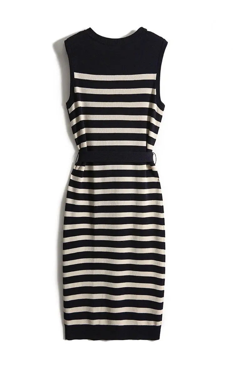 2025 Summer New Over-knee Long Temperament Slim Waist Vest Sleeveless Slim Striped Knitted Dress