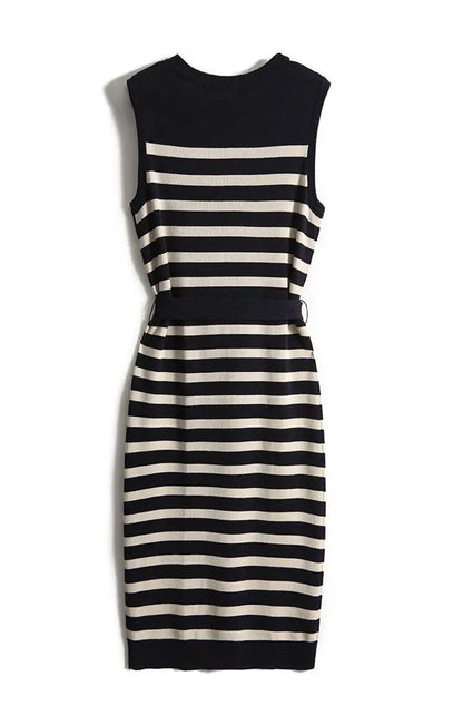 2025 Summer New Over-knee Long Temperament Slim Waist Vest Sleeveless Slim Striped Knitted Dress