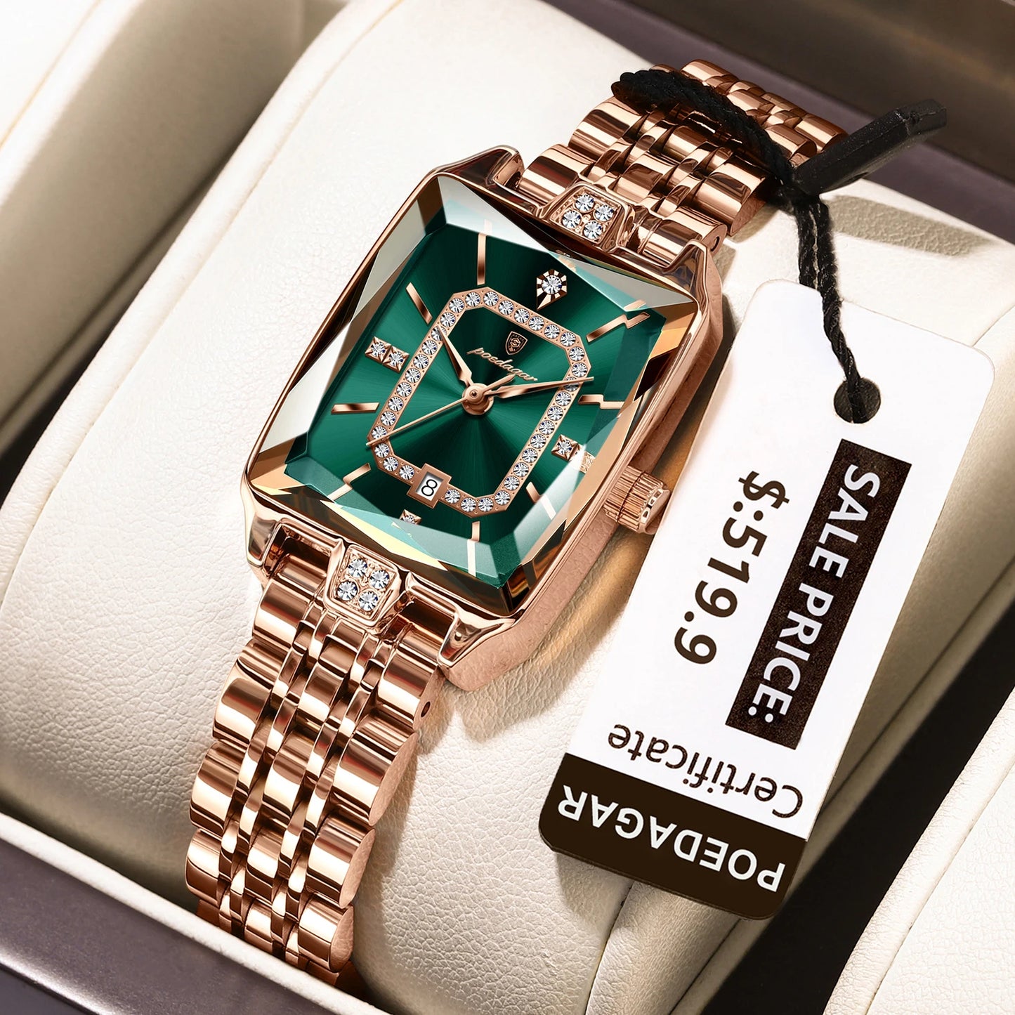 POEDAGAR Luxury Watch For Woman Waterproof Calendar High Quality Ladies Watch Stainless Steel Quartz Women's Watches Elegant+Box 785 RoseGold Green
