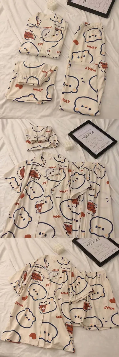 Three-Piece Set of Ladies Pajamas Short Sleeve Long Pants Student Loungewear Cartoon Cardigan Short Sleeve Shorts Cute Pajamas
