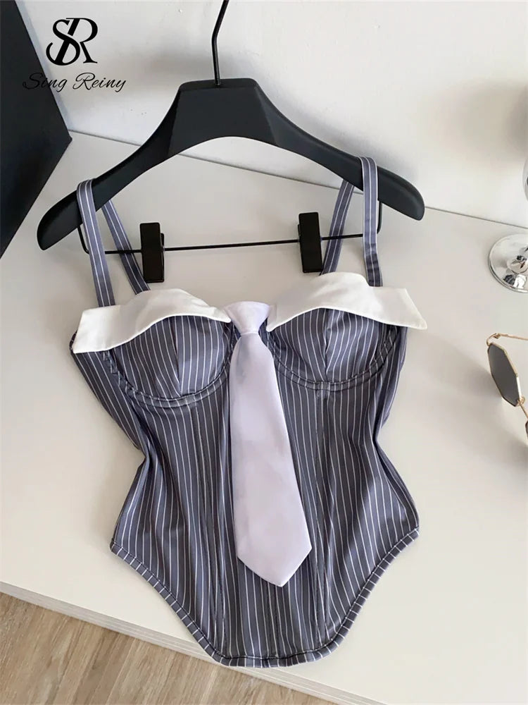 SINGREINY Summer Corset Stripe Tank Top Women Tie Strapless Chic Backless Hotsweet Camis 2025 Streetwear Club Sexy Mini Top grey
