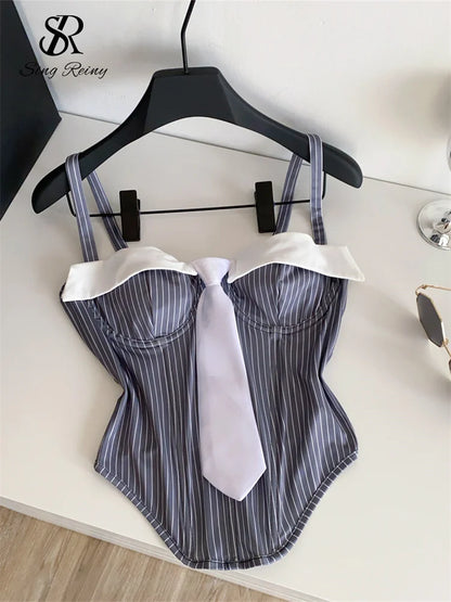 SINGREINY Summer Corset Stripe Tank Top Women Tie Strapless Chic Backless Hotsweet Camis 2025 Streetwear Club Sexy Mini Top grey