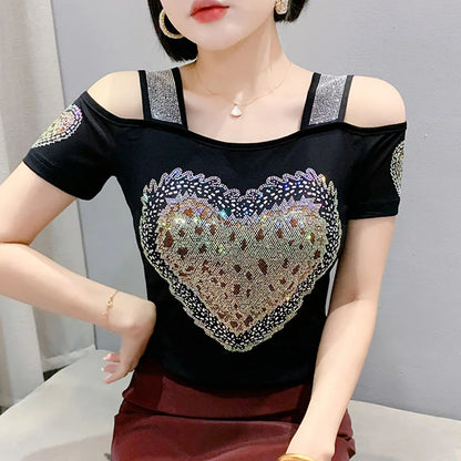 Aoxison Summer Short Sleeved Women's T-Shirt Elegant Slim Shiny Love Heart Diamonds Mesh Tops Chic Girl Sexy Off Shoulder Tees Black3