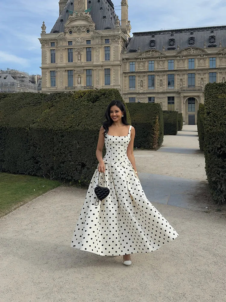 Fashion Polka Solid Slim Vestido Lady Elegant Chic Sleeveless Off Shoulder Pleat Square Neck Maxi Dress Summer Dinner Party Wear Ivory