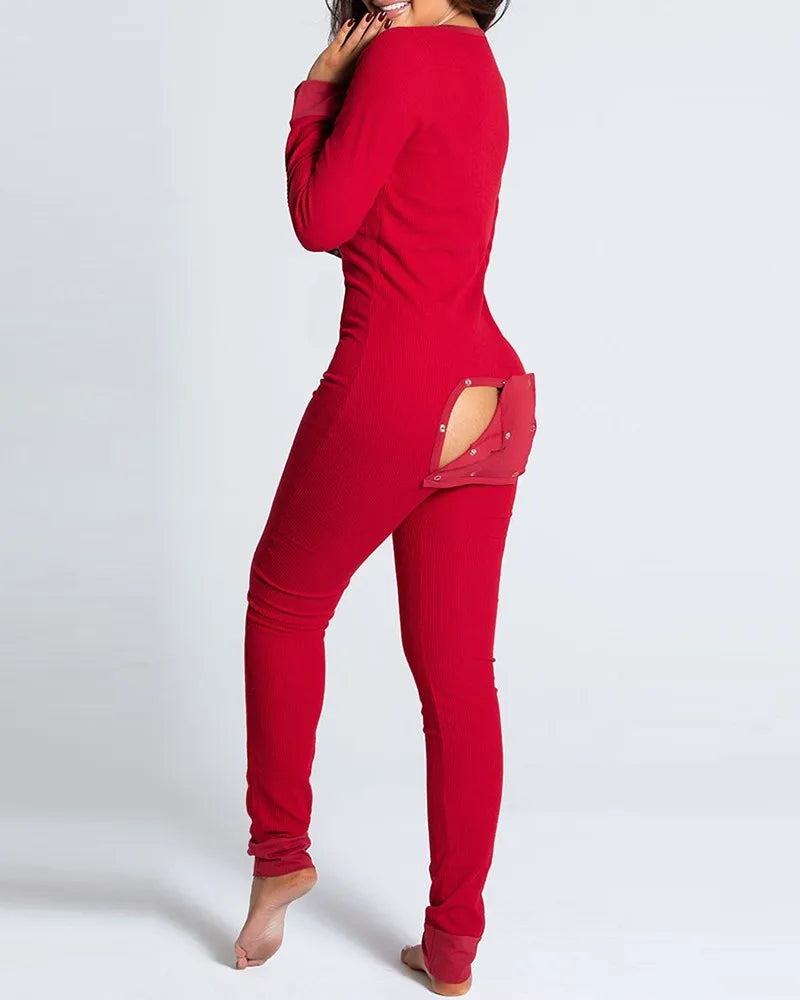 Sexy Pyjama Women's Jumpsuit Suit Button-down Front Back Butt Bum open Ass Flap Jumpsuit Loungewear Christmas Print Buttoned red