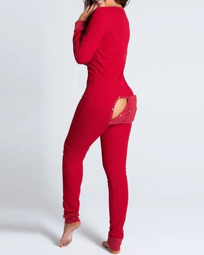 Sexy Pyjama Women's Jumpsuit Suit Button-down Front Back Butt Bum open Ass Flap Jumpsuit Loungewear Christmas Print Buttoned red