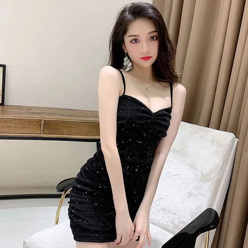 Women Sexy Sparkly Sequin Camisole Party Dress Lady Fashion Wine Red Sleeveless Slim Fit Dress Female Nightclub Backless Dress Badiee Stylez