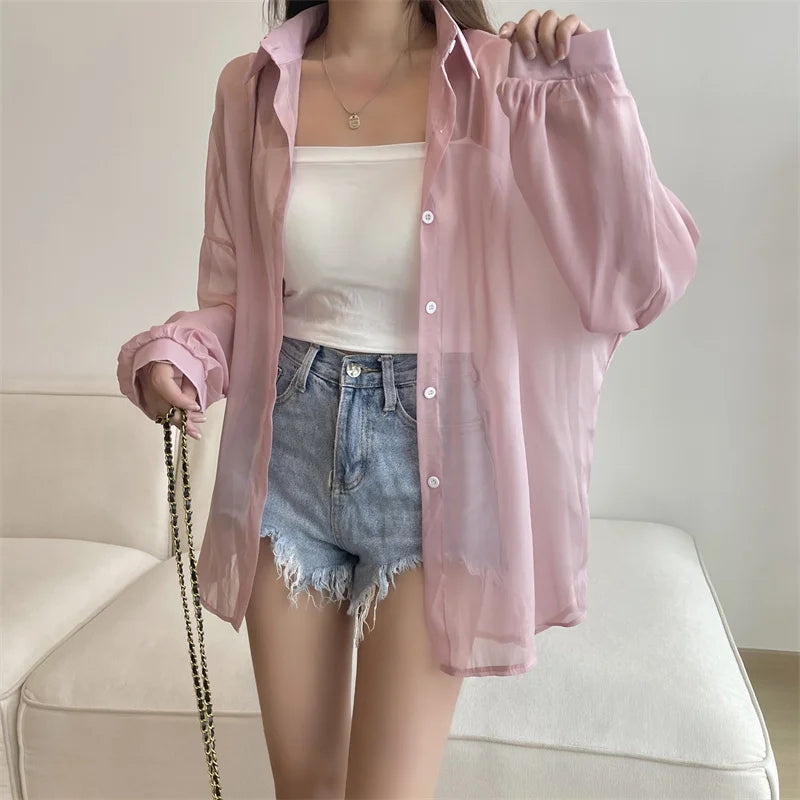Semi Sheer Long Sleeve Shirt for Women Shimmer Button Down Collared Plain Lightweight Shirt Spring Summer Chic Tops Outfit