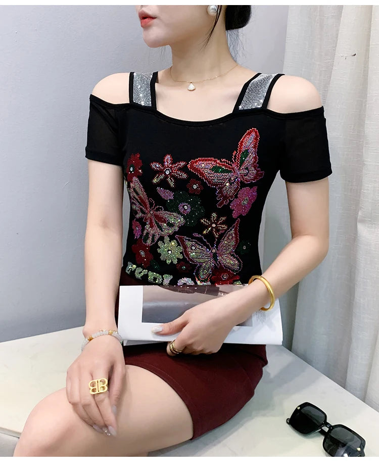 New Arrival Summer European Clothes Women's T-Shirts Chic Luxury Butterfly Hot Diamonds Tees Sexy Girl Slim Streetwear Tops