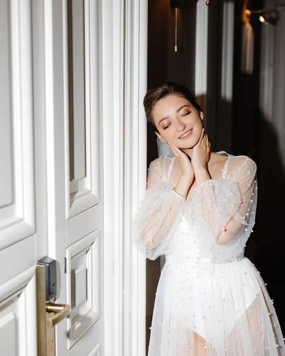 Pearl Robe For Women Long Sleeve Wedding Morning Robe Party Shawl Floor-Length Bridal Cape Sexy pearl robe Lantern Sleeve