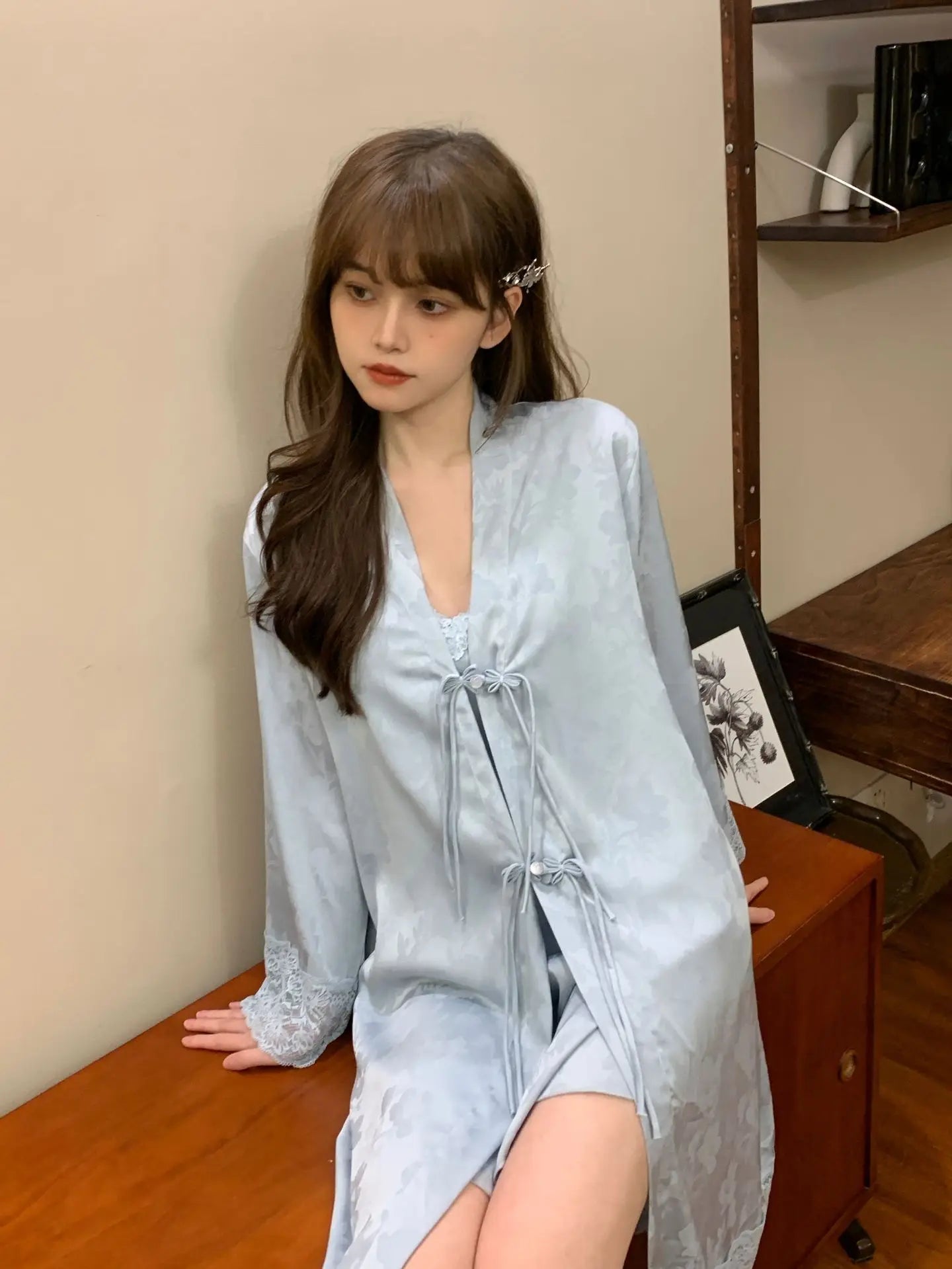 New Chinese Style 2PCS Robe Nightgown Set Sleepwear Sexy Lace Suspender Nightdress Loungewear Jacquard Satin Bathrobe Homewear Badiee Stylez