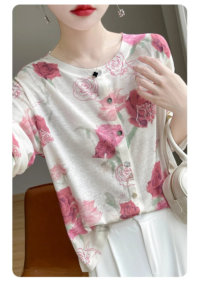 Spring And Summer New Lyocell Water-Soluble Wool Blended Round Neck Knit Cardigan Long Sleeve Feminine Sweater Printed Top