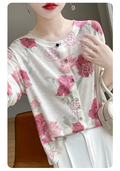 Spring And Summer New Lyocell Water-Soluble Wool Blended Round Neck Knit Cardigan Long Sleeve Feminine Sweater Printed Top