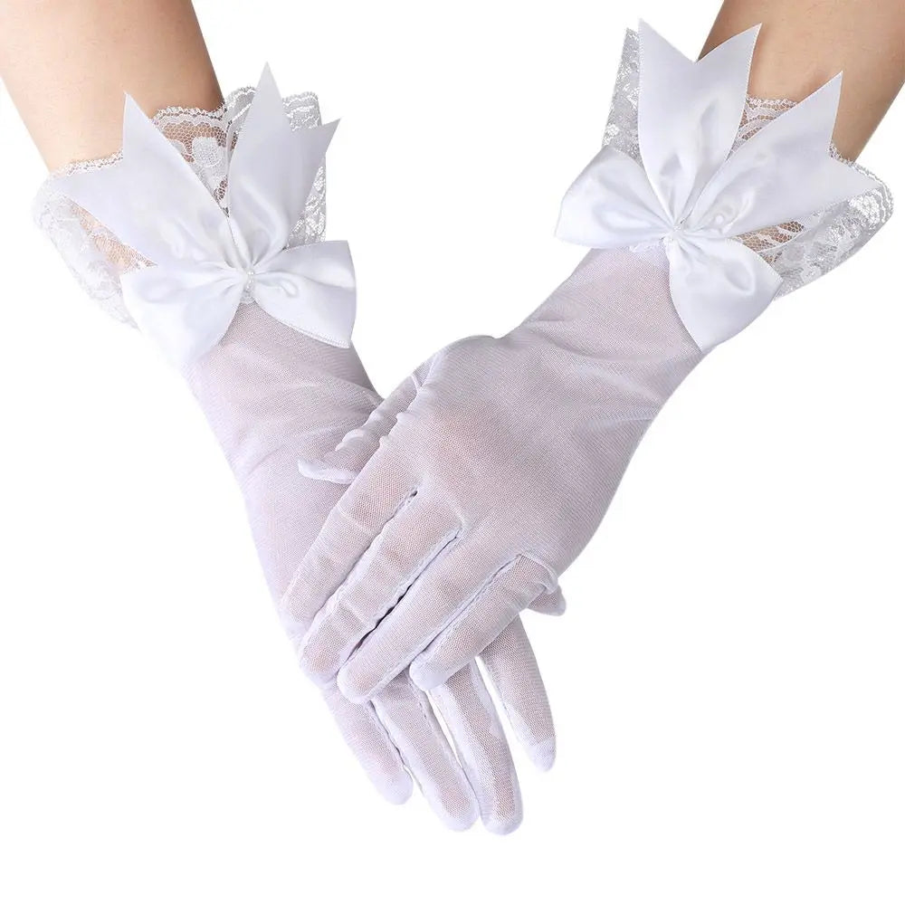 Fashion Bride Bow Lace Chiffon Gloves Women White Gloves Sunscreen Driving Gloves Marriage Party Accessories white