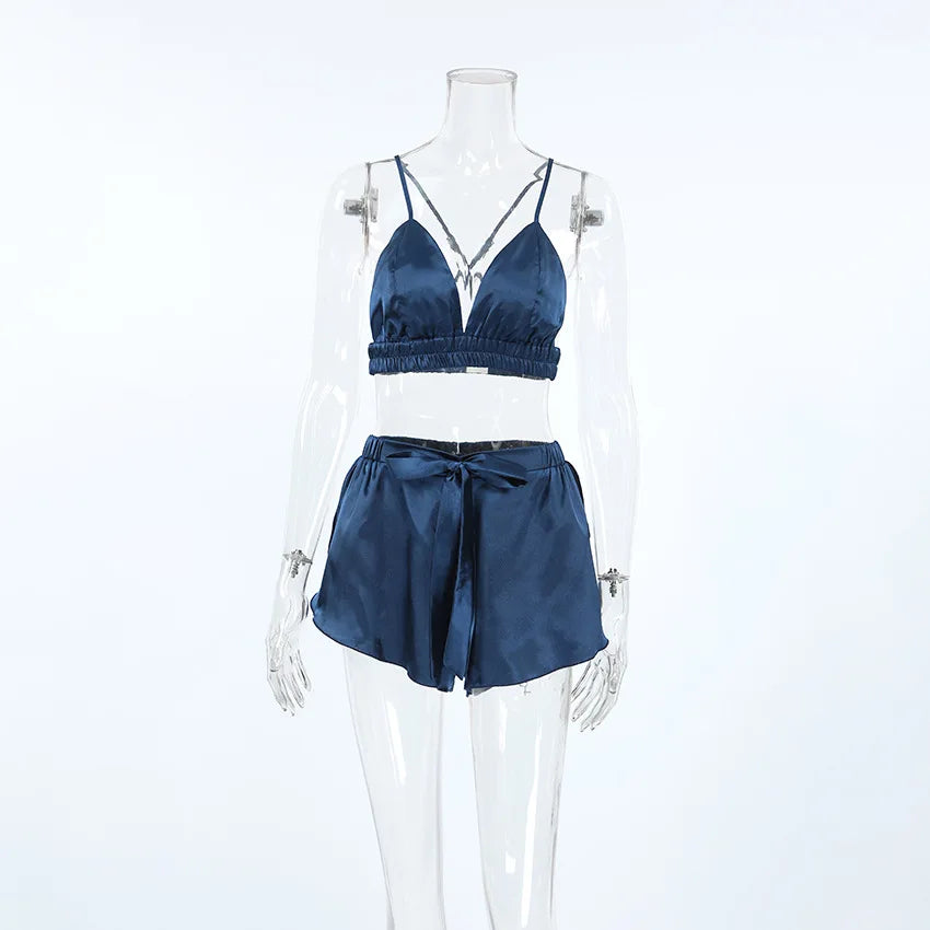 Shorts Nightgown Three-piece Set, Imitation Silk, Loungewear, Feather Pajamas