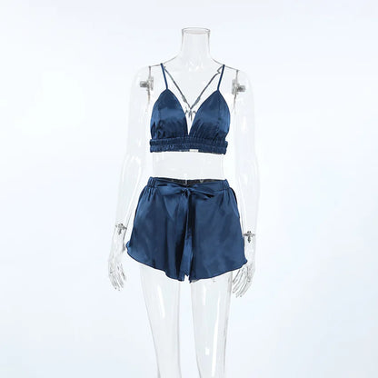 Shorts Nightgown Three-piece Set, Imitation Silk, Loungewear, Feather Pajamas