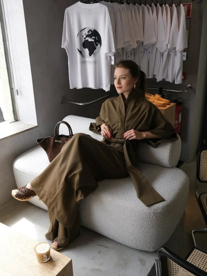 Linen Lace Up Women's Jumpsuit High V-neck Full Sleeve Top Loose Straight-leg Pants 2025 Summer Chic Female Casual Streetwear