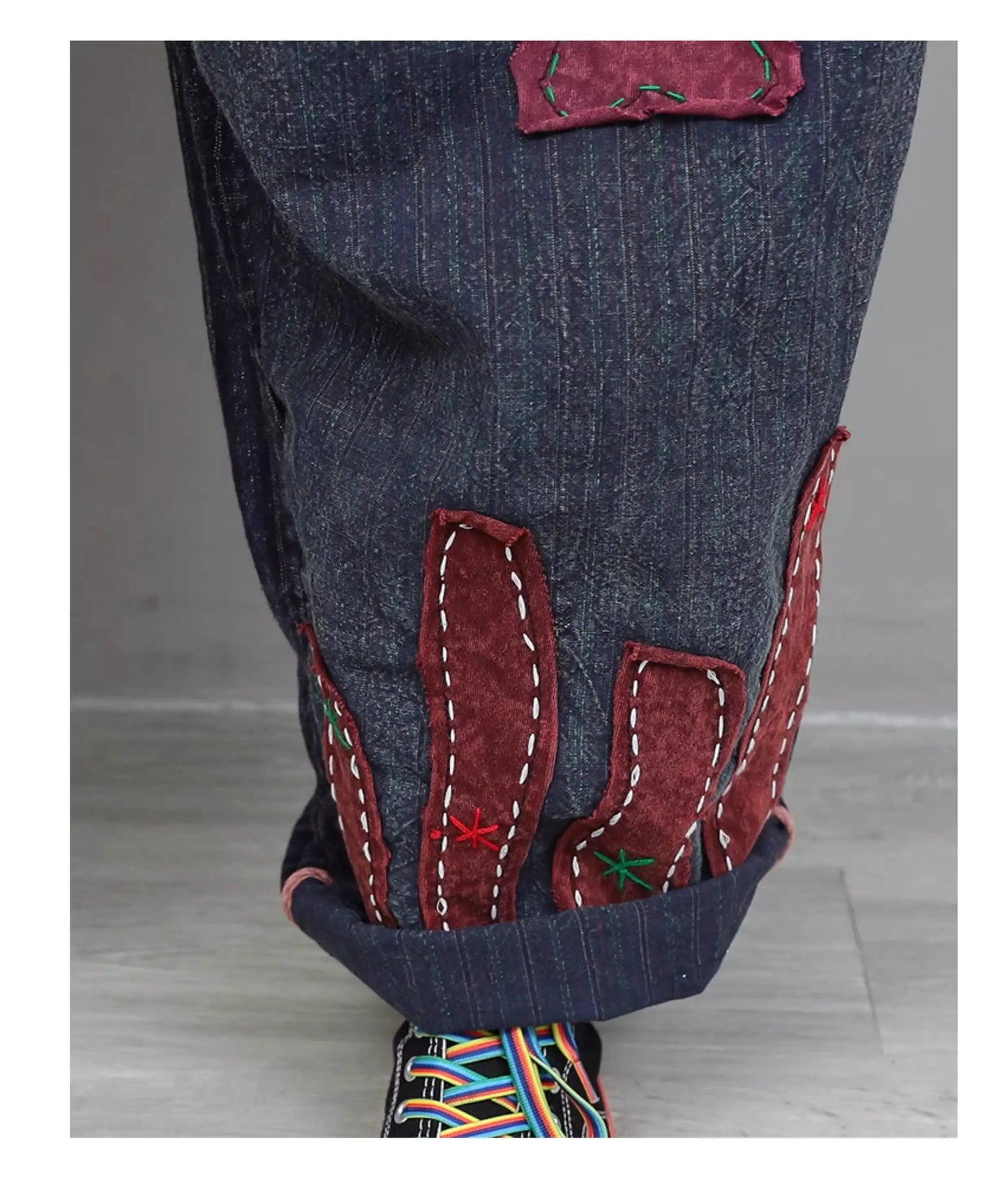 Hand Embroidery Old Cloth Patchwork Wide Leg Strap Long Pants Women Autumn Loose High Waist Jumpsuit LX4343 Badiee Stylez