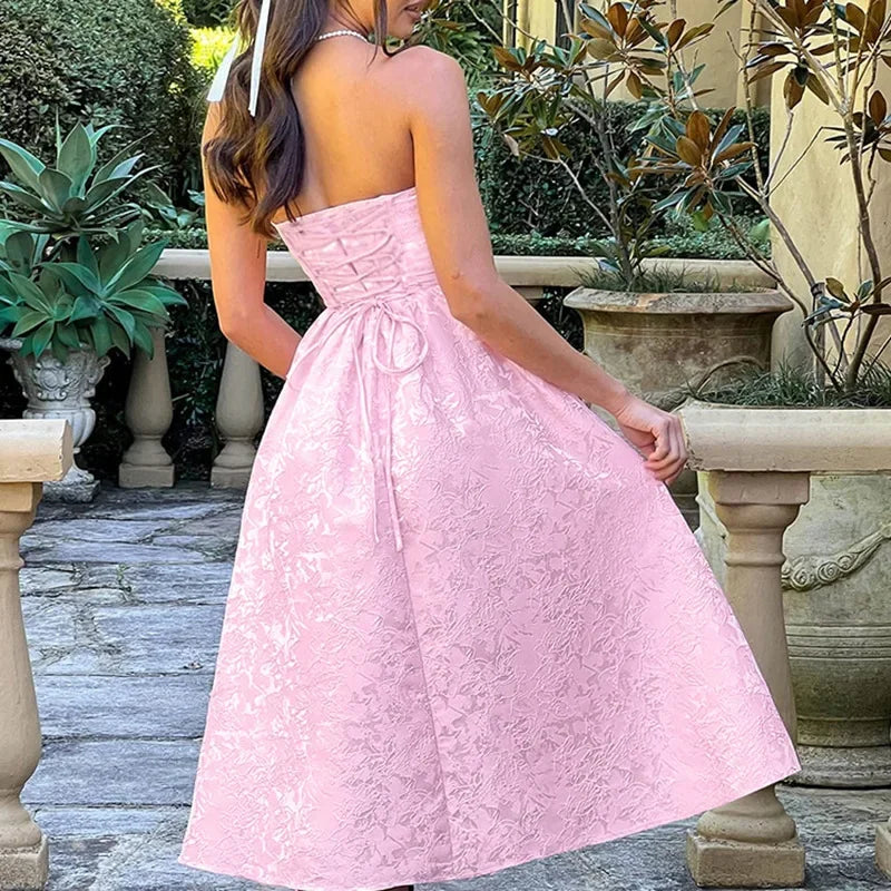 Strapless Backless Bodycon Sexy Dress Women  Elegant Evening Party Dress Jacquard Satin Long Summer Dress Vestidos Badiee Stylez