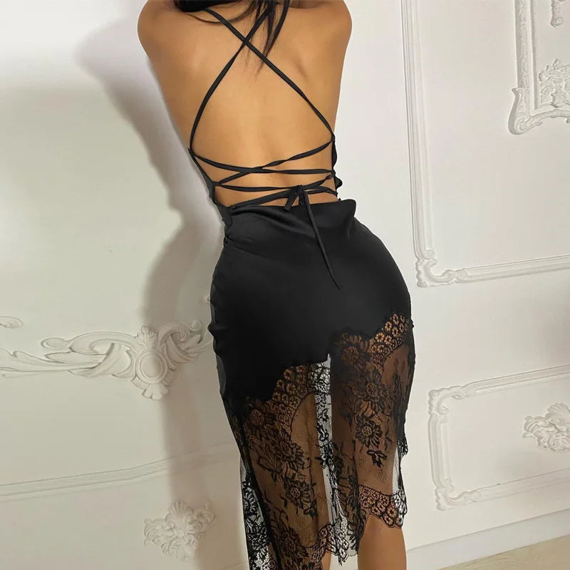 Dulzura Lace Patchwork Satin Mini Dress Women Bodycon Sexy Lace Up Backless Short Dress Party Elegant Clothes Birthday Evening