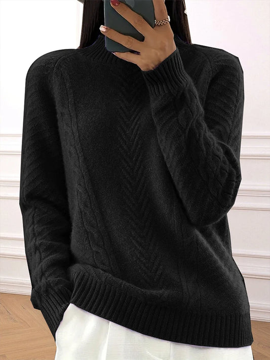 Plus Size Stranded Knit Ribbed Pullover Sweater Casual Solid High Neck Long Sleeve Sweater Suitable for Autumn and Winter Black