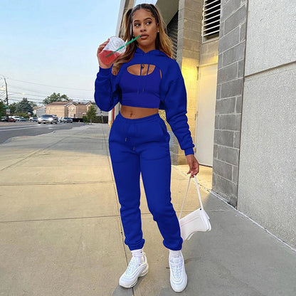 Women 3 Pieces Sets Sweatpants and Hoodie Set Cropped Tops Fleece Pants Suit Tracksuit Fitness Sport Jogger Outfit Clothing Blue