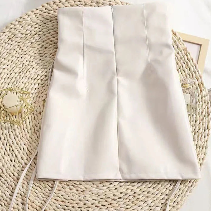 Black Leather Mini Skirts Women Gothic High Waist Slim Fit Lace Up Pencil Skirt Female Sexy Club Back Zipper Split Bag Hip Skirt APRICOT