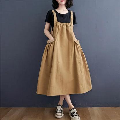 Female Dress Summer Mid-Length Loose Solid Color Pocket Swing Chic Casual Straps Dresses New Women Dress Vestidos Selling