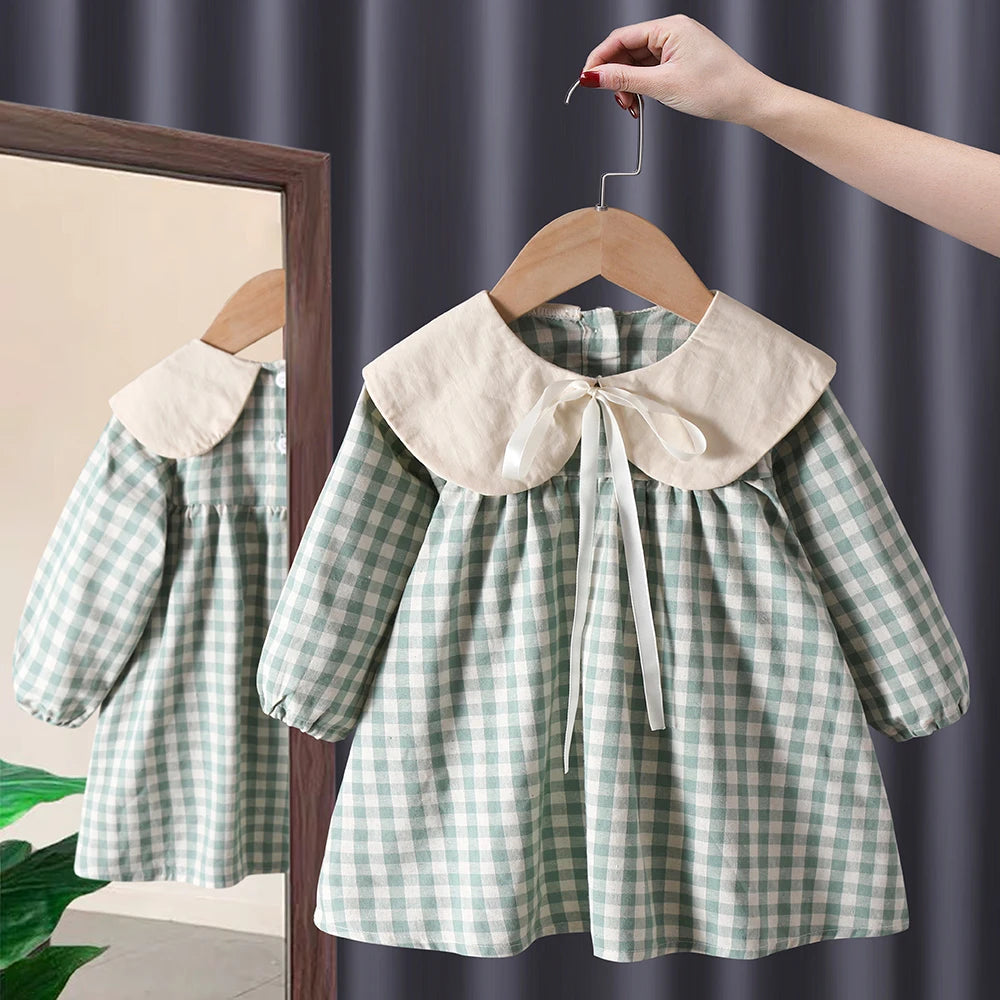 Spring Autumn toddler kids Girls' Clothes baby lattice Long sleeved Dresses costume for children Girls clothing Outfits dress green CHINA