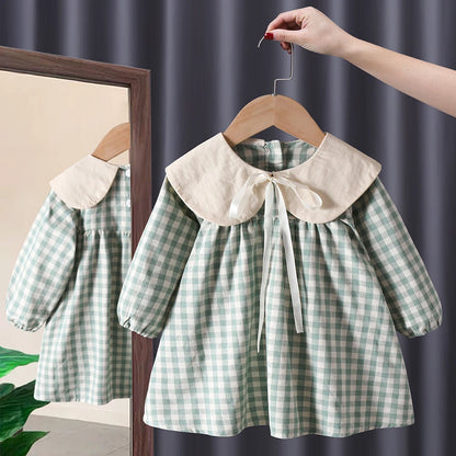 Spring Autumn toddler kids Girls' Clothes baby lattice Long sleeved Dresses costume for children Girls clothing Outfits dress green CHINA