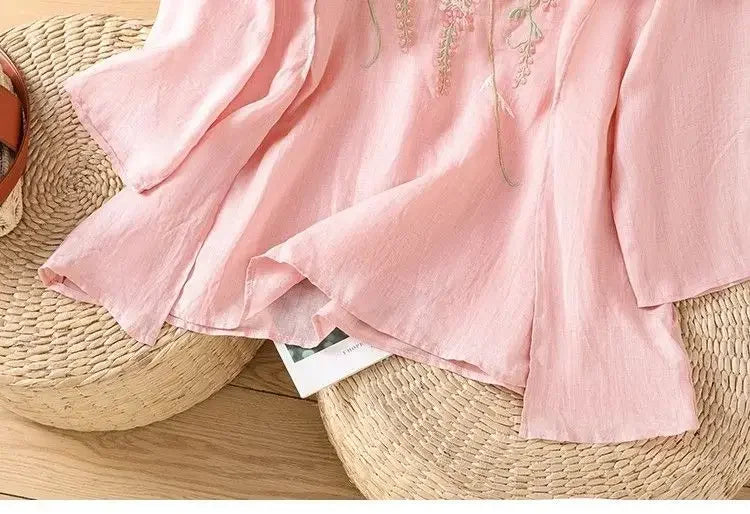 Thin Streetwear Vintage Clothes Ethnic Style Cotton Linen Shirts for Women Clothing Top Tshirt Tees Fashion Casual Embroidery