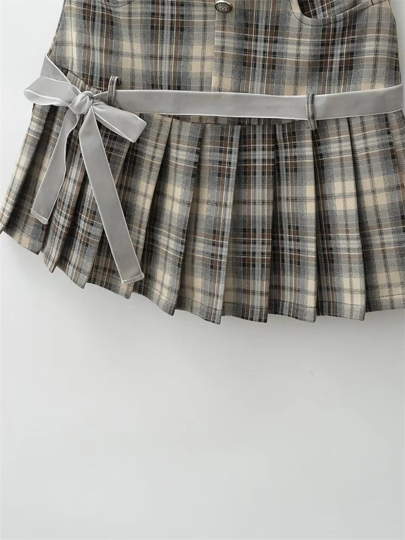 Women's Y2k A-line Pleated Skirt Vintage Plaid Mini Skirt Harajuku Korean Elegant Preppy Style Bow Skirts 2000s Clothes Summer